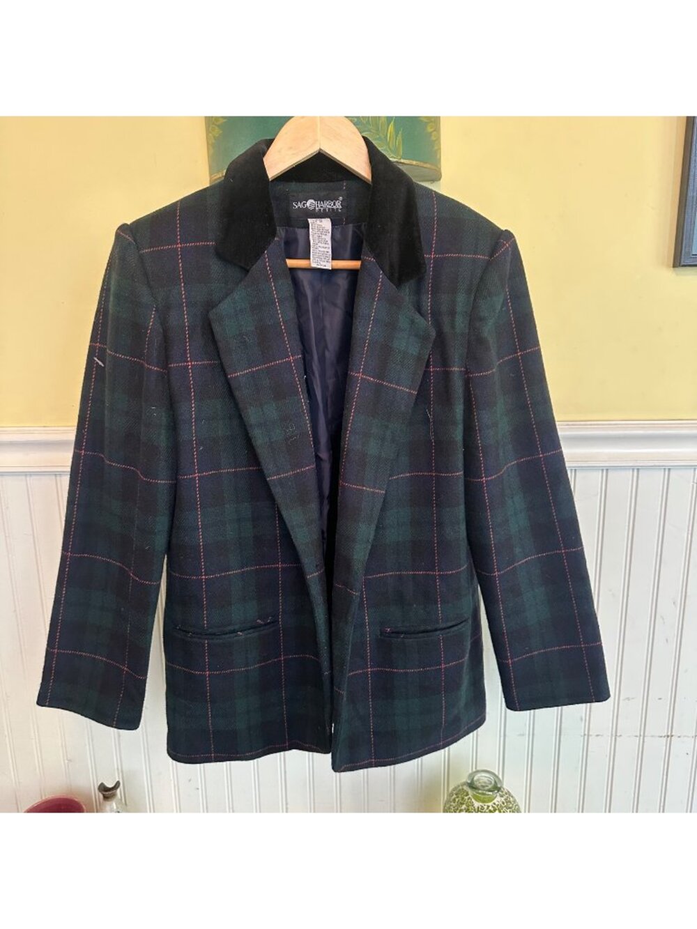 Sag Harbor Petite Green Plaid Blazer Jacket Size 10 Wool Blend Velvet Collar